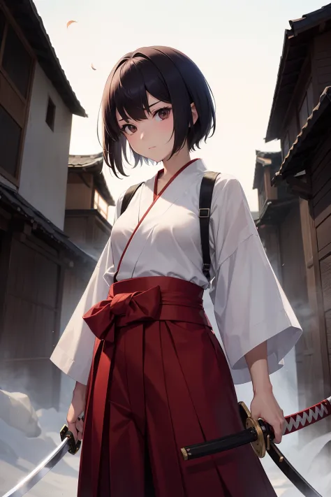 (masutepiece), 1girl in, Short hair, tiny chest, Hakama, holding katana, katanas, weapon over shoulder