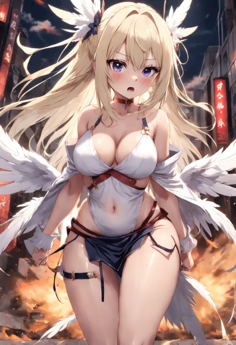 japanese anime style。illustratio。Dark Fantasy。White feathers。girl with。a blond。undergarment。natta。battle field。Colossal tits。pubick hair。teats。a miniskirt。A little angry。all-fours。