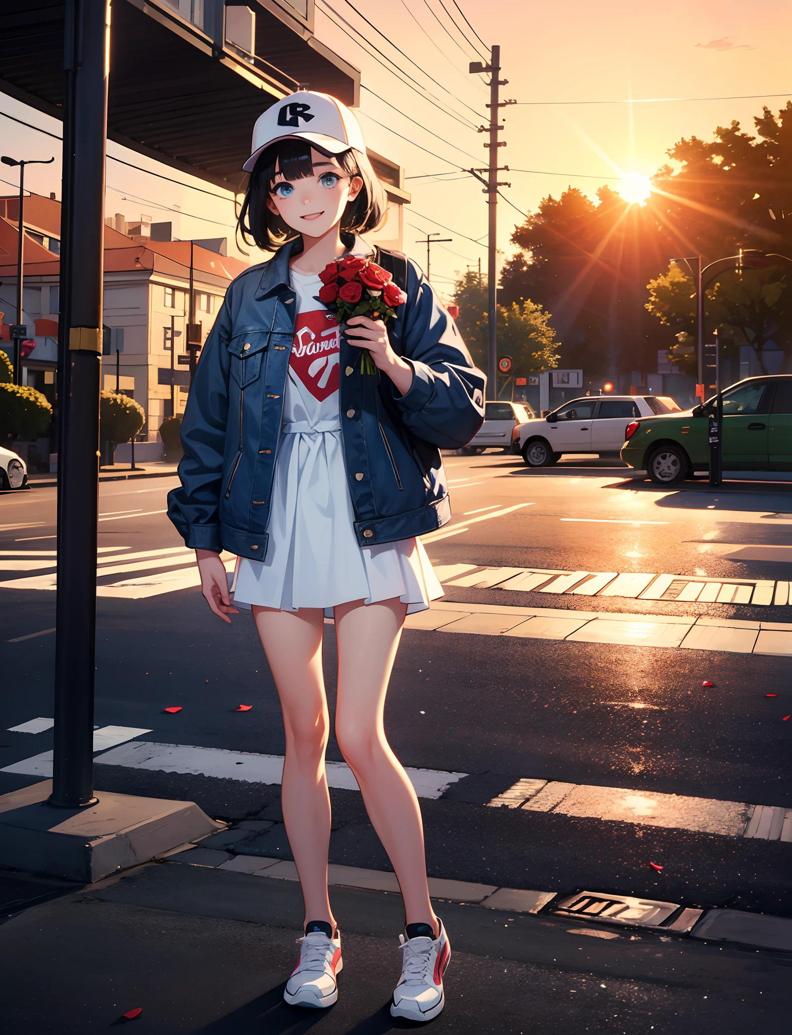 A happy little girl，Black color hair，Wear a denim jacket，With a baseball cap，Wear sneakers，blue color eyes，Bouquet of roses in hand，Stand on the street，Sunset and sunset，staring right into camera，Full body photo，Ultra-high definition