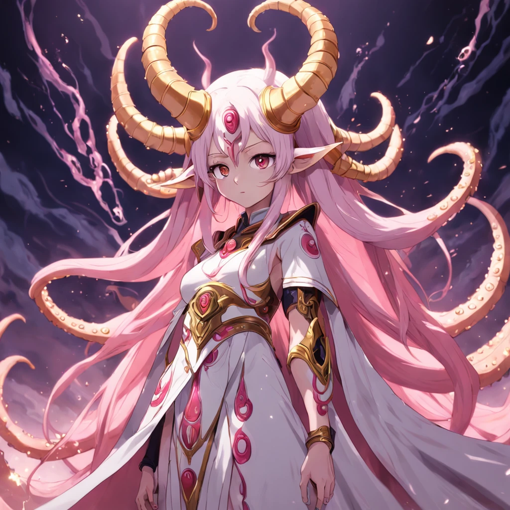 cephalopod, pink tentacles, Chief God of wisdom and war, white flowing cape, eyepatch, golden long horned helm, spear, masterpiece, Best Quality