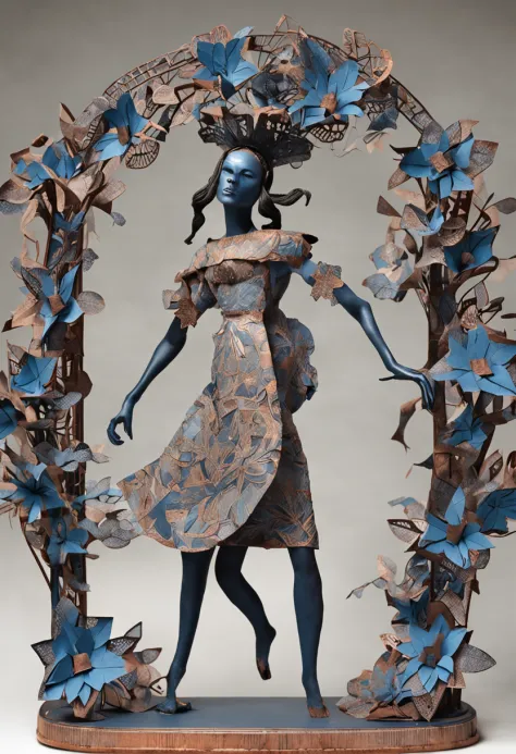 paper Deadly Nightshade woman made of paper, mini size, monstrous creature, paper craft art,cold deep blue, strong, "Ballet Russes", Jan Svankmajer, 16K, showing full body, masterpice, volumetric lighting,