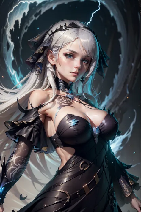 an ice goddess with white hair and lightning around her, corpo inteiro, nice perfect face with soft skinice perfect face, retrato de arte conceitual por Greg Rutkowski, Artgerm, Hyper-detailed and intricately detailed Gothic art in ArtStation's triadic col...