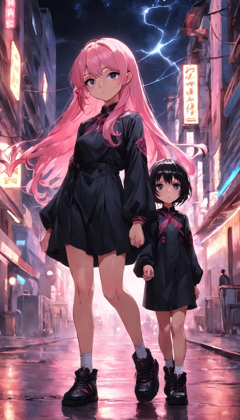 A woman and a child standing in a city street at night - SeaArt AI