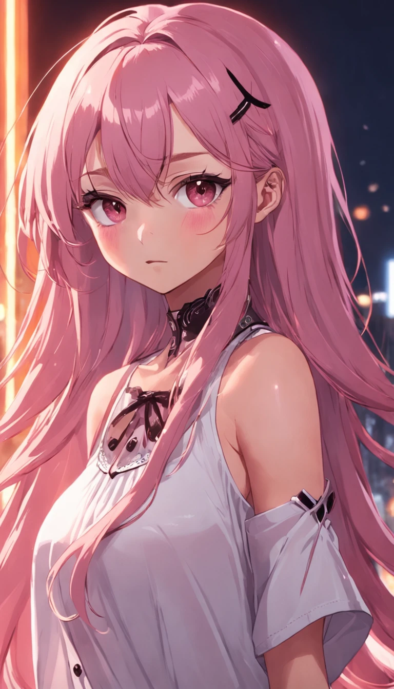 A girl with long pink hair and a white shirt - SeaArt AI