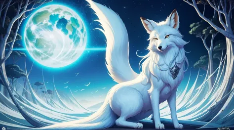Desenho de uma raposa com cabelo branco sentada em um galho, ethereal fox, raposa de nove caudas, Three-tailed fox, arte detalha...