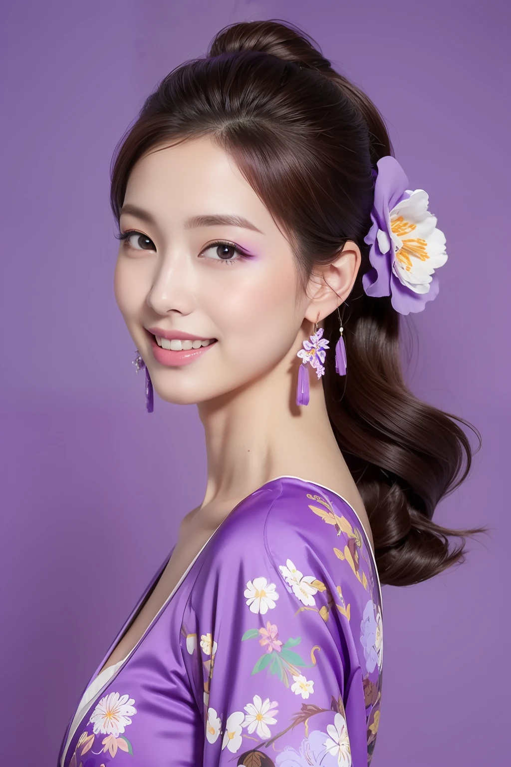 ((Masterpiece, highest quality, super definition, high resolution)), ((body shot:1.5)), looking back, standing, (1 slender woman of Japan, 28 years old), seductive smile, Dark Brown Hair, Hair up, (Fine hair ornaments:1.3), (Purple Fine Floral Pattern:1.4), Ultra Detailed Face, Detailed Eyes, Double Eyelids, kimono top:1.3, BREAK (Purple background, gradation:1.3), High Quality, 4K,