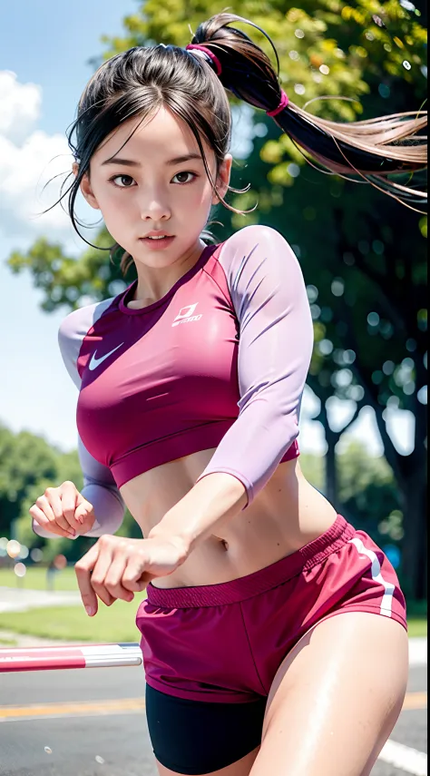 1 girl, solo, running, Gray Track Top, pink shorts, ponytail, athletic build, dynamic brushstrokes, fluid movement, capturing the essence of her athleticism and energy, using light colors and soft tones to create a dreamy and ethereal atmosphere, portrayin...