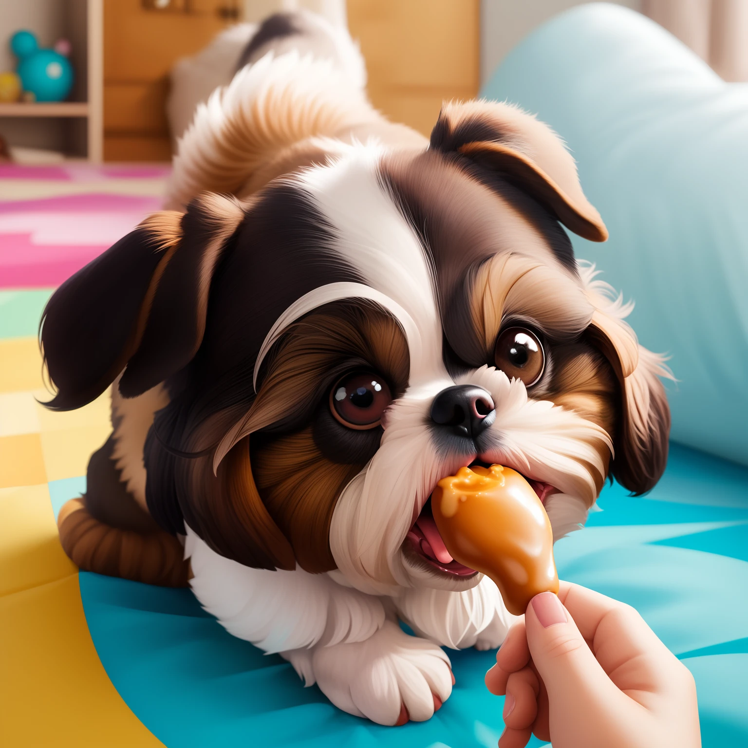 There is a small dog that is eating a piece of food - SeaArt AI