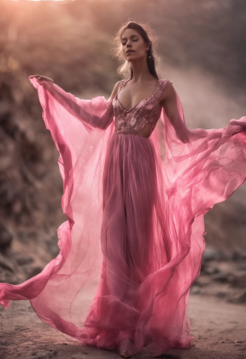 A woman in a pink dress standing on a rocky hill - SeaArt AI