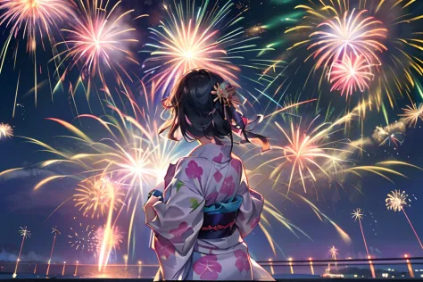 Beautiful Japan girl yukata、(Fireworks in the vast night sky),(top-quality、8K、32K、​masterpiece、nffsw:1.3)、(Photorealsitic:1.4)、R...