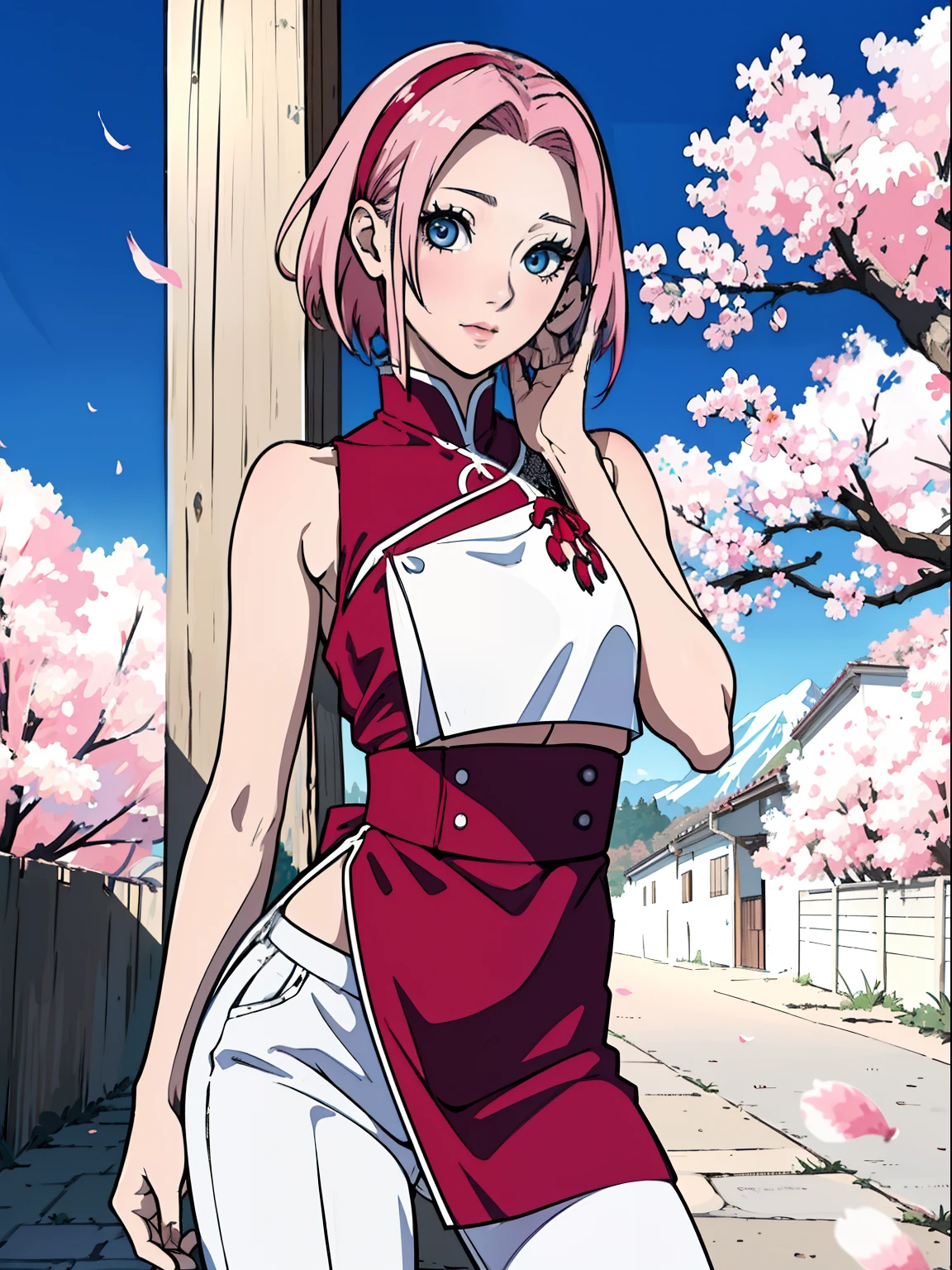 sakura, (master part, top-quality, best quality, offcial art, Beautiful and Aesthetic:1.2), (1girl:1.4), extremely detaild, sakura haruno, sexly, fully body, nigh, greeneyes, redgown, red bow in hair, shorth hair, lipstick, white pant, Grinning, side stripe, breasts small
