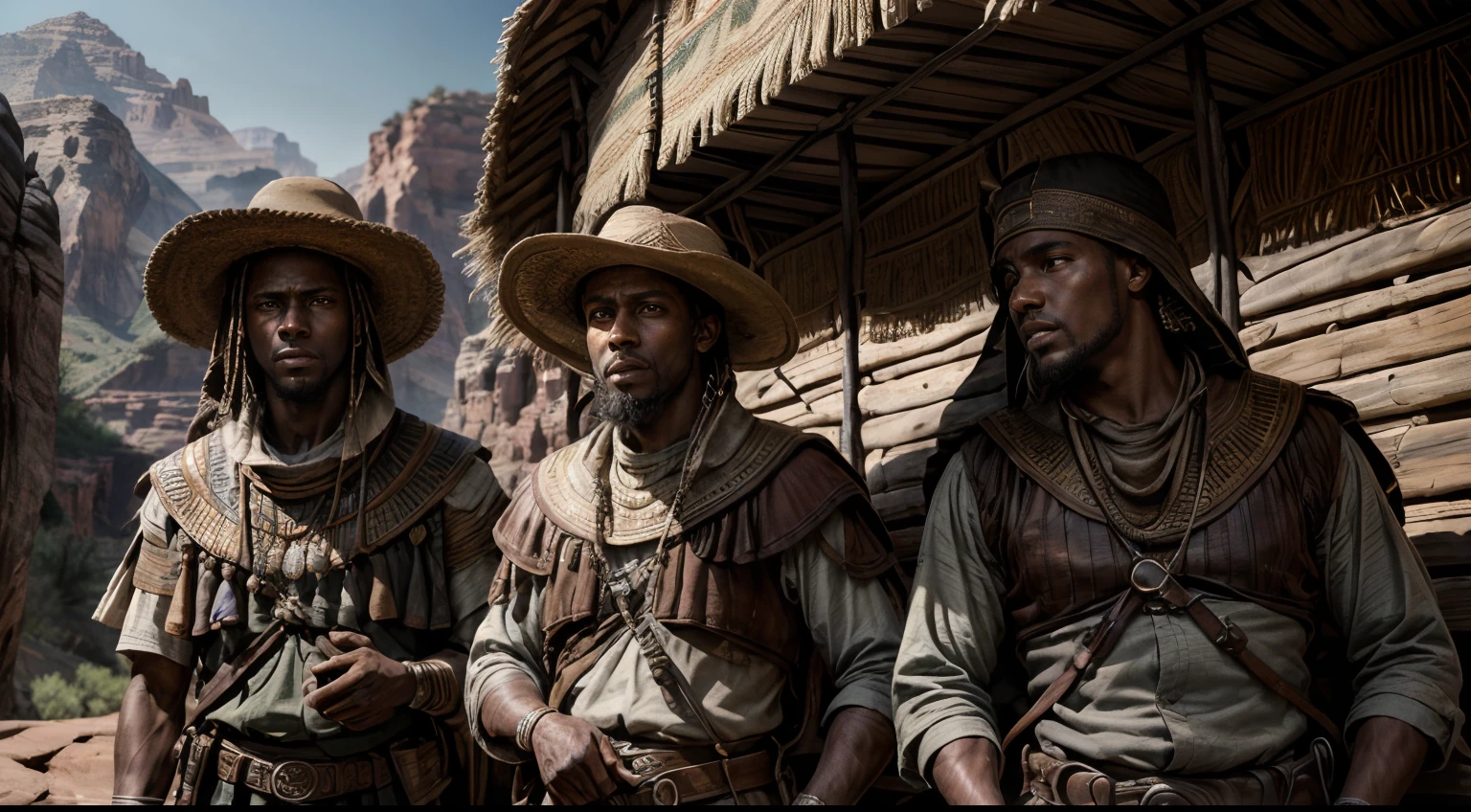 masterpiece, Highly detailed, super realistic, detailed background, bright Lighting, Daylight,
2mens,(20 years old Ancient Egyptian dark skin merchants),
(Two young merchants in a covered wagon traveling at the bottom of the Grand Canyon),