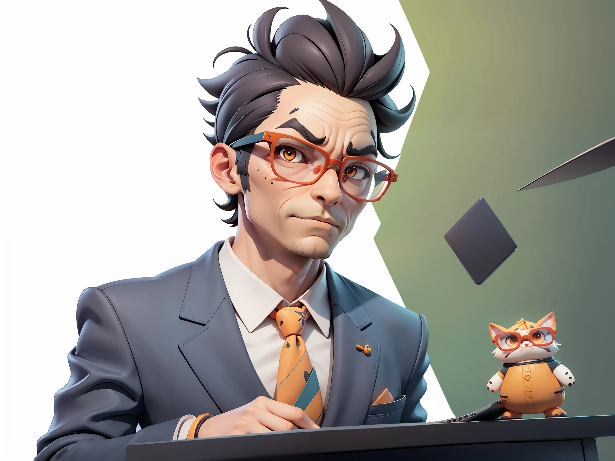 A young man in a suit, Short hair and glasses sat at his desk，holding laptop，digitial painting，tigre，3D character design by Mark Clairen and Pixar and Hayao Miyazaki and Akira Toriyama，4K HD illustration，Very detailed facial features and cartoon-style visuals。