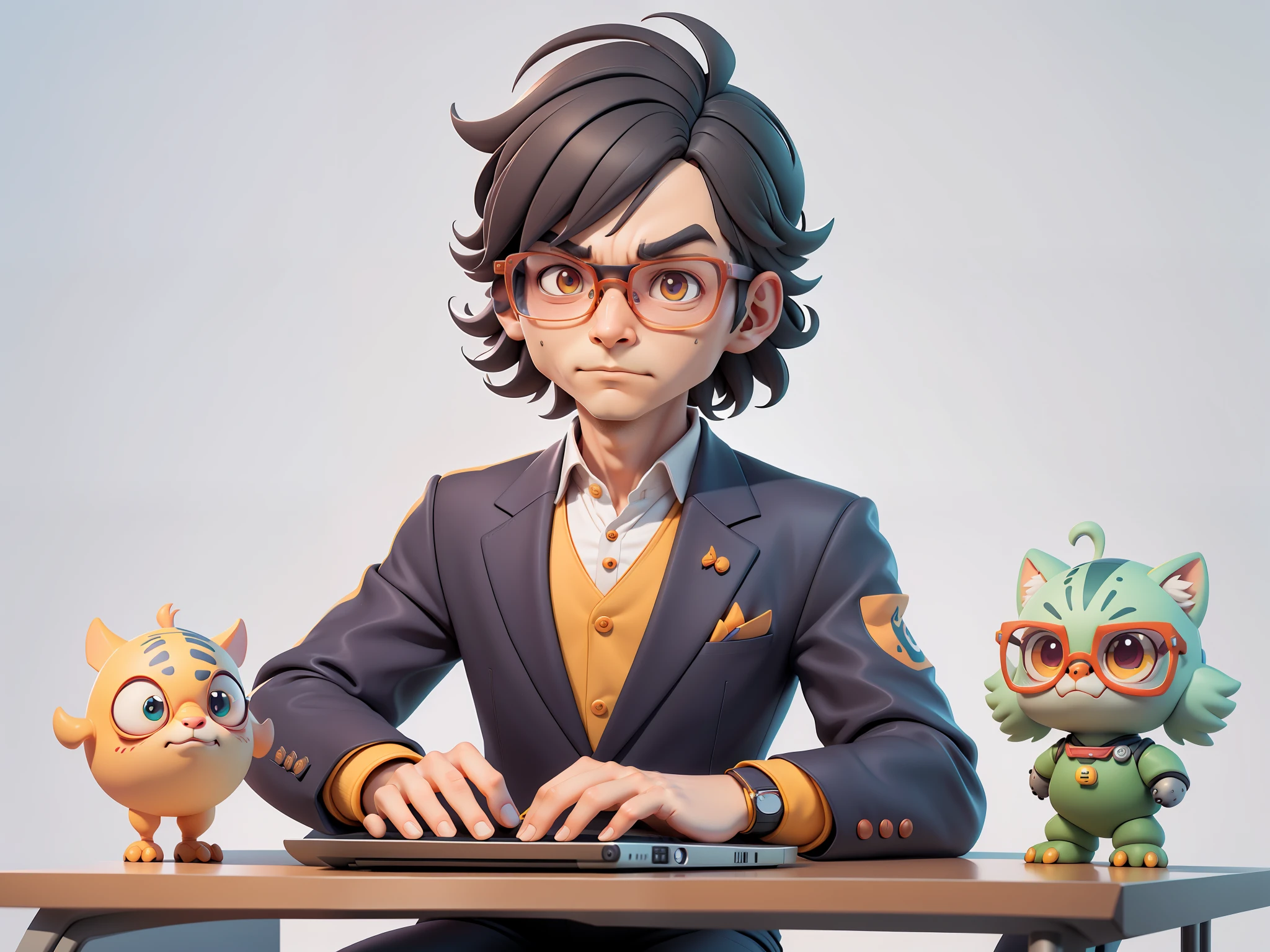 A young man in a suit, Short hair and glasses sat at his desk，holding laptop，digitial painting，tigre，3D character design by Mark Clairen and Pixar and Hayao Miyazaki and Akira Toriyama，4K HD illustration，Very detailed facial features and cartoon-style visuals。