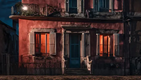 Old house seen from the street at night, atmosfera misteriosa, soft-lighting, sombras profundas.