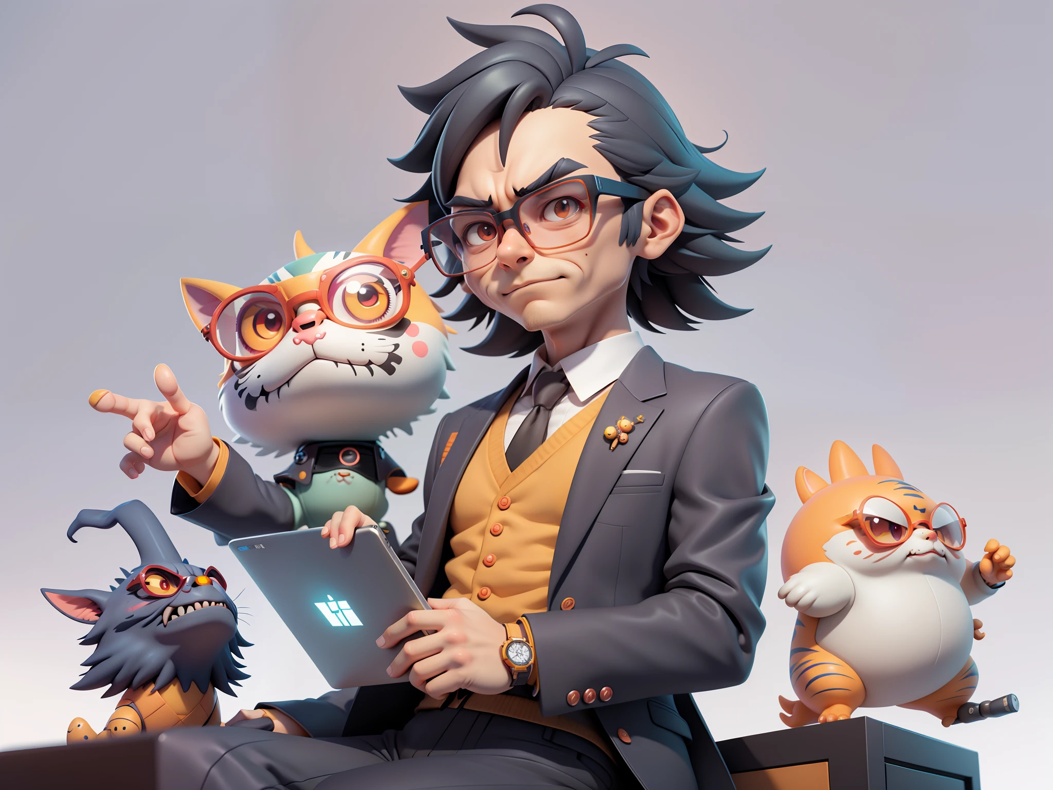 A young man in a suit, Short hair and glasses sat at his desk，holding laptop，digitial painting，tigre，3D character design by Mark Clairen and Pixar and Hayao Miyazaki and Akira Toriyama，4K HD illustration，Very detailed facial features and cartoon-style visuals。