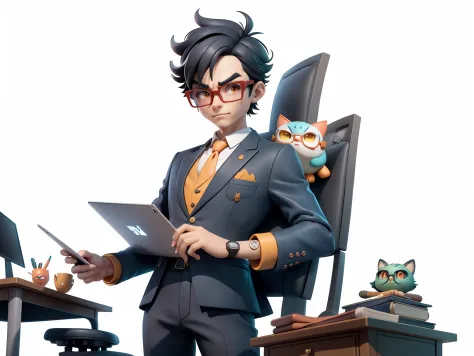 A young man in a suit, Short hair and glasses sat at his desk，holding laptop，digitial painting，tigre，3D character design by Mark...