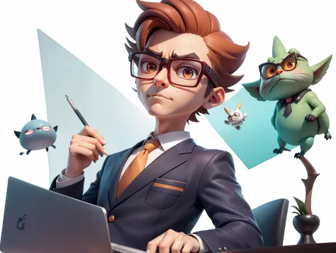 A young man in a suit, Short hair and glasses sat at his desk，holding laptop，digitial painting，tigre，3D character design by Mark...