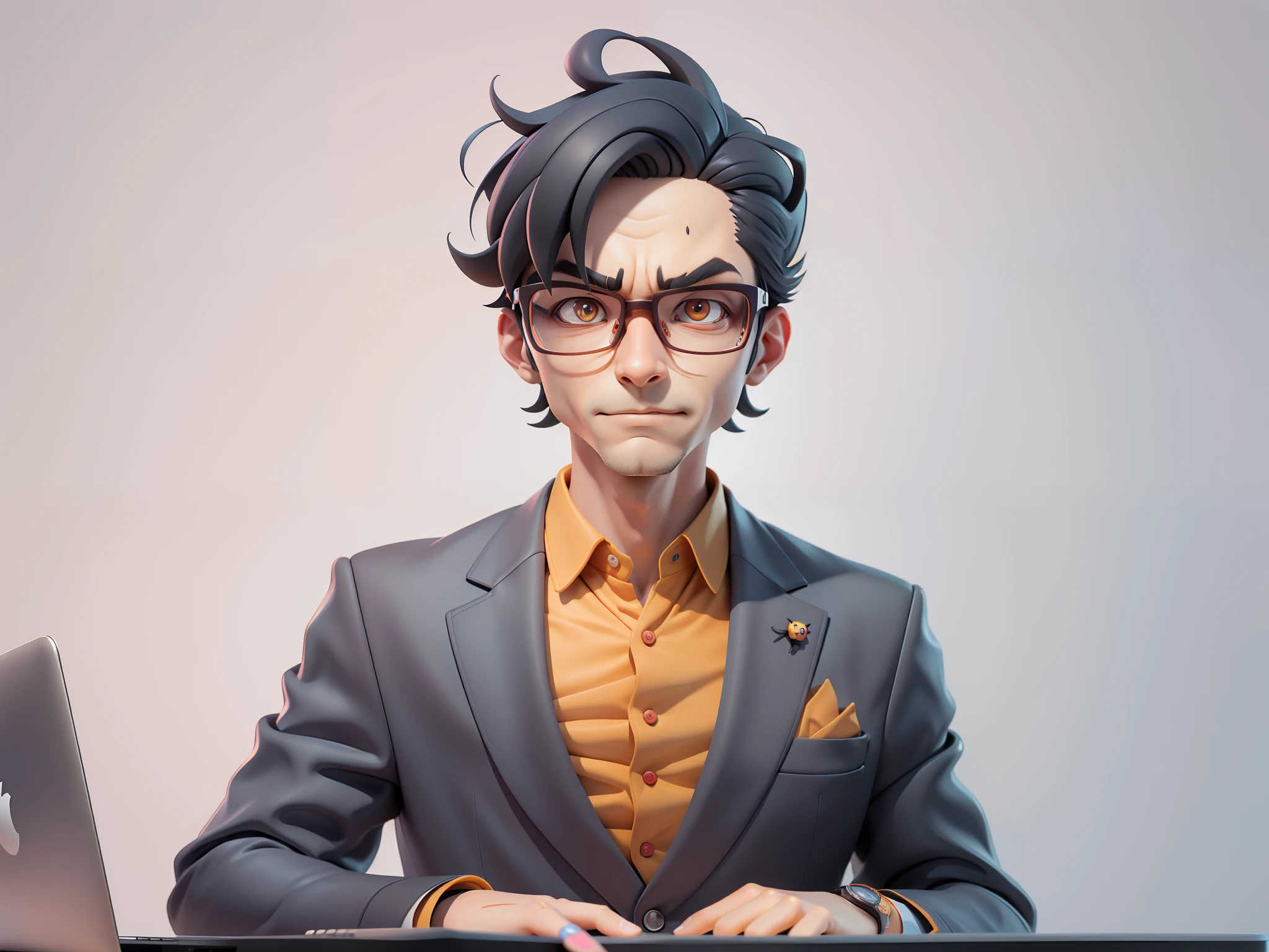 A young man in a suit, Short hair and glasses sat at his desk，holding laptop，digitial painting，tigre，3D character design by Mark Clairen and Pixar and Hayao Miyazaki and Akira Toriyama，4K HD illustration，Very detailed facial features and cartoon-style visuals。