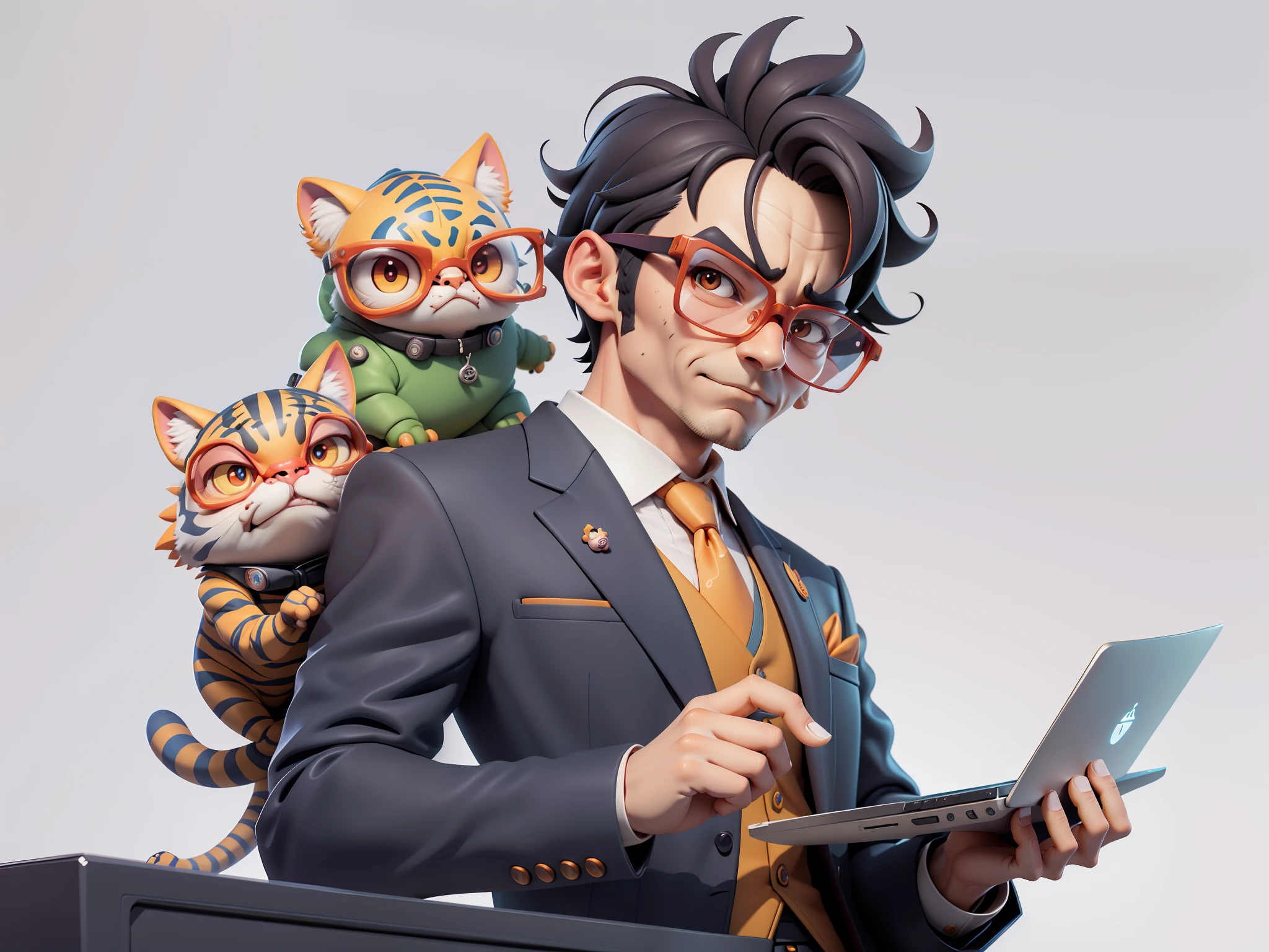 Un jeune homme en costume, Cheveux courts et lunettes assis à son bureau，tenir un ordinateur portable，peinture numérique，tigre，Conception de personnages 3D par Mark Clairen et Pixar et Hayao Miyazaki et Akira Toriyama，Illustration 4K HD，Caractéristiques du visage très détaillées et visuels de style dessin animé。