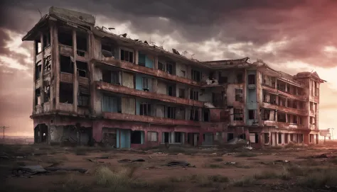 Ruined hotel with a gloomy and desolate atmosphere, com janelas quebradas e paredes descascadas.