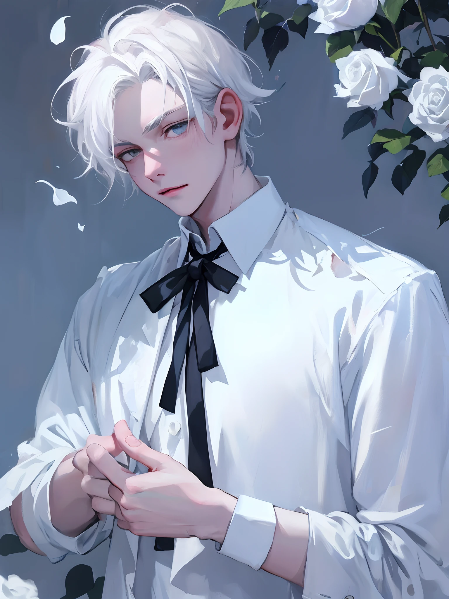 1 мальчик，Мужской，молодой человек，Бледный подросток，белая роза，белая рубашка，бинты，Кровь，Контрастность экрана низкая，высокая яркость，белые волосы，Роза，Кровь，светло-голубые листья