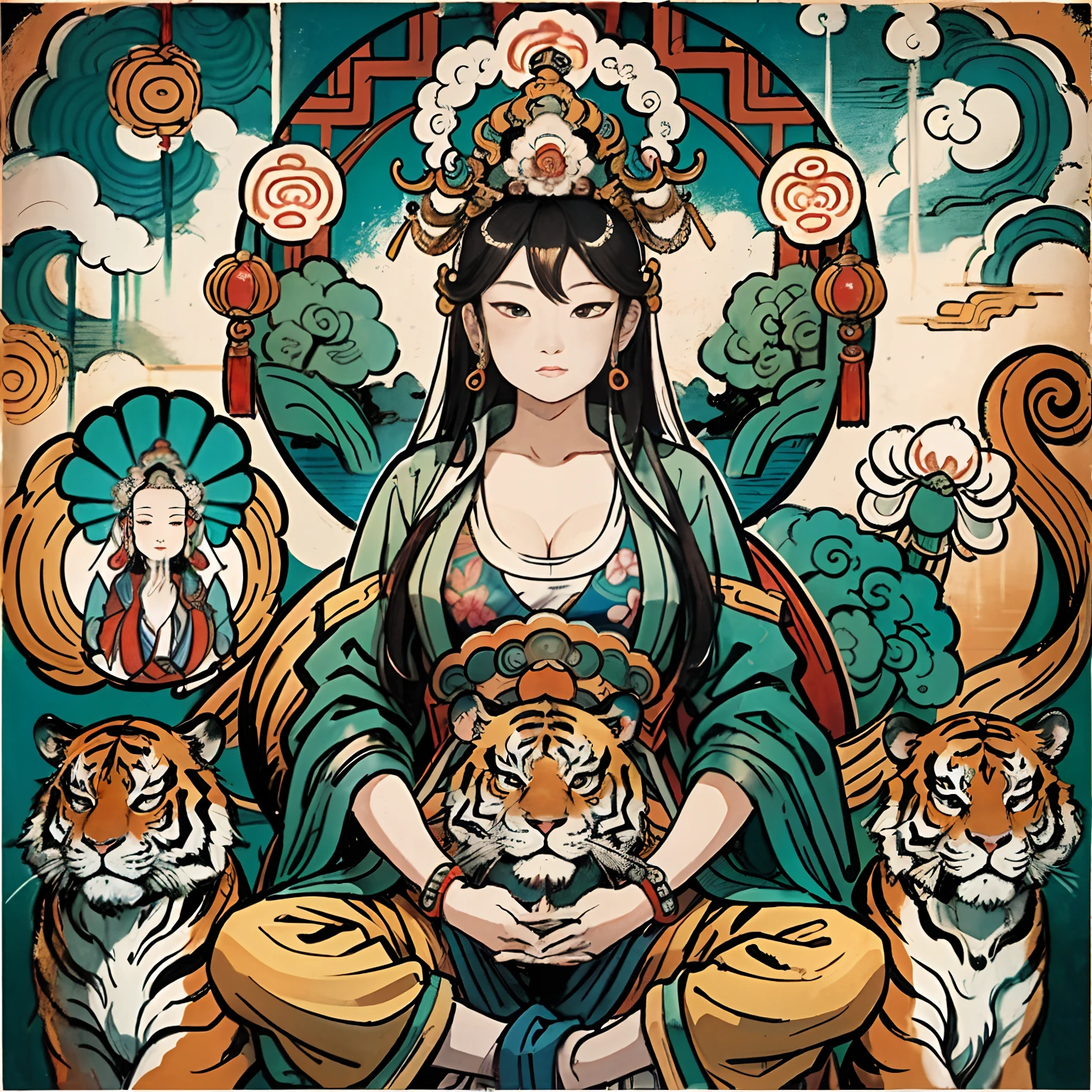 una antigua diosa china, guanyin de los mares del sur, Ganen, Inspirado en la India, Avalokiteshvara monta un tigre，,expresión serena,shui mo hua,Buda,Budista,loto,estilo de pintura china,estilo thangka