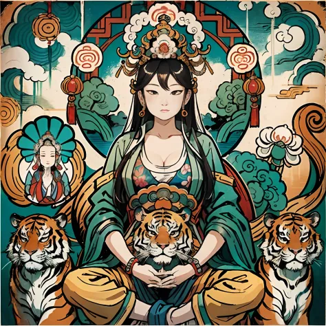 an ancient Chinese goddess, guanyin of the southern seas, Guanyin, Inspired by India, Avalokiteshvara rides a tiger，,Serene expr...