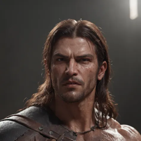 (professional 3d render:1.3) af (Realistic:1.3) most beautiful artwork photo in the world，Features soft and shiny male heroes, ((Epic hero fantasy muscle man rough wet hero angry look long hair short beard and ferocious expression in dynamic pose, Fantasti...