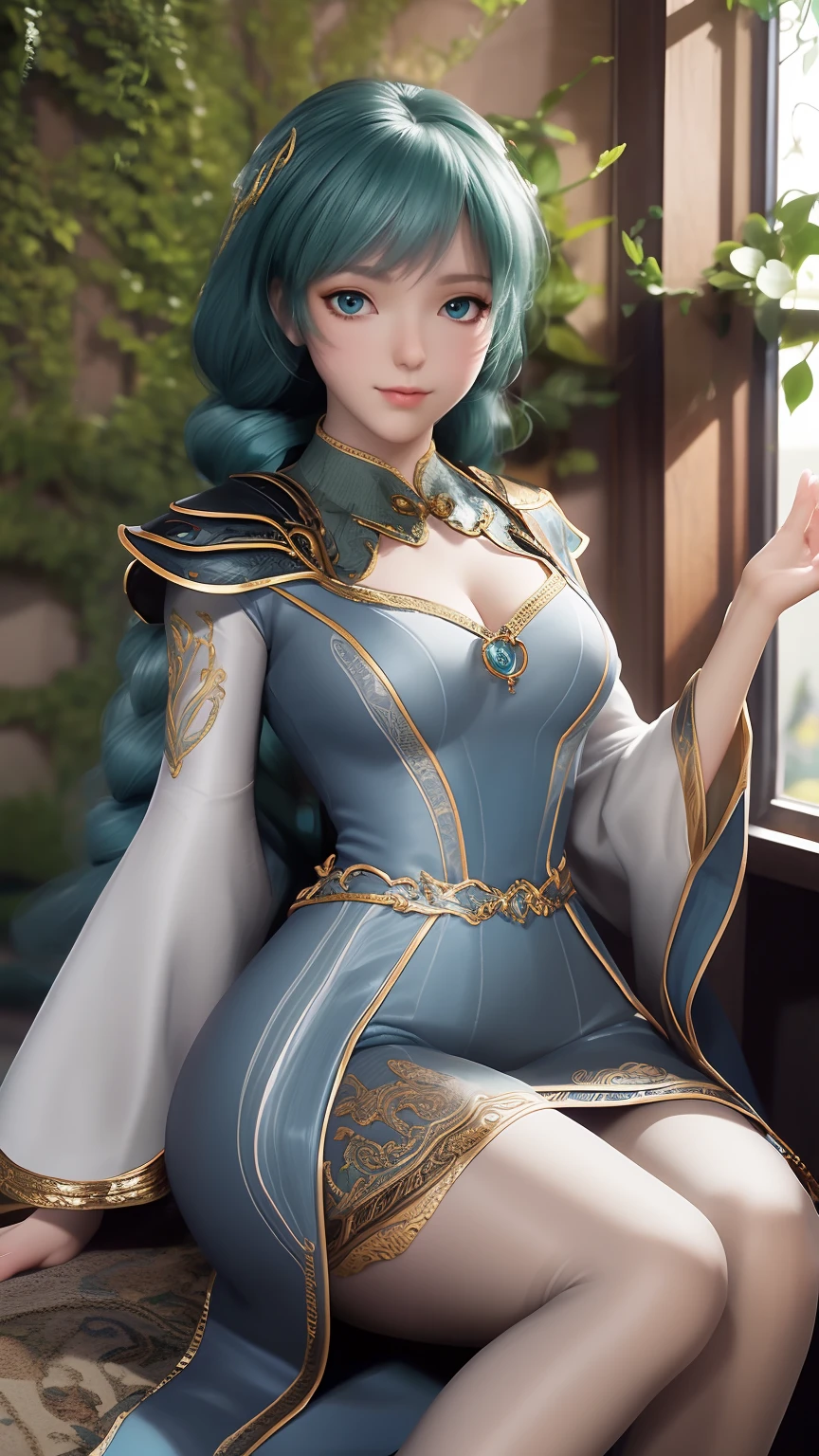 Arad woman in blue dress sitting on windowsill, cute anime waifu in a nice dress, trending on cgstation, 8K high quality detailed art, anime barbie in white stockings, highly detailed exquisite fanart, Extremely detailed Artgerm, the anime girl is crouching, flowing magical robe, beautiful and seductive anime woman, WLOP and Sakimichan