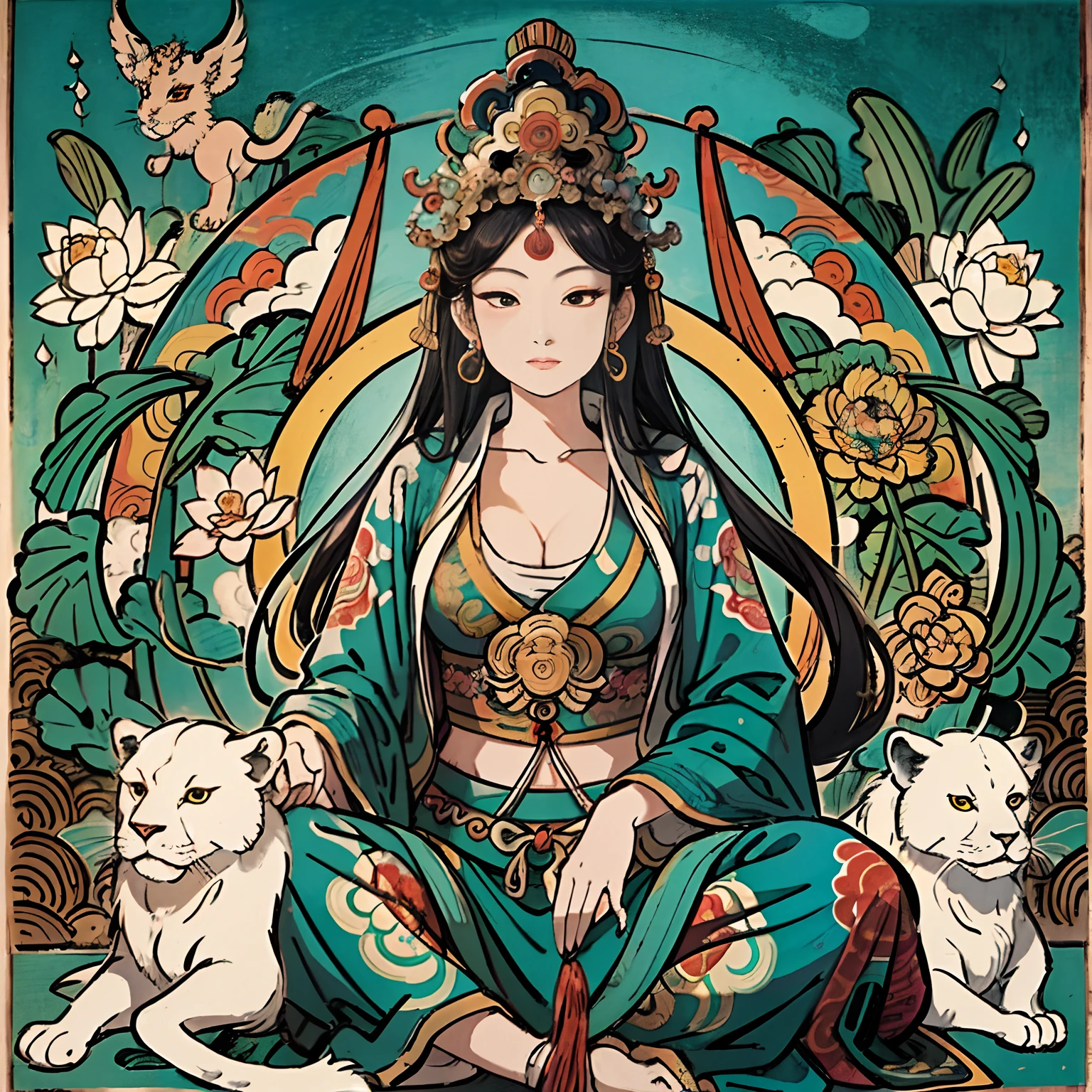 eine alte chinesische Göttin, Guanyin der südlichen Meere, gewinnen, Inspiriert von Indien, Avalokiteshvara reitet auf einem Löwen，,heiterer Ausdruck,Shui Mo Hua,Buddha,Buddhist,Lotus,Chinesischer Malstil,Thangka-Stil