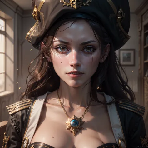 photorealistic portrait of a sailor woman from the pirate era, dark fantasy, scary and dangerous, intricate details, detailed fa...