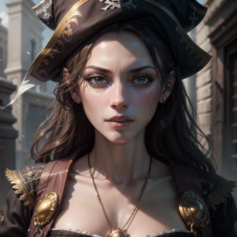 photorealistic portrait of a sailor woman from the pirate era, dark fantasy, scary and dangerous, intricate details, detailed fa...