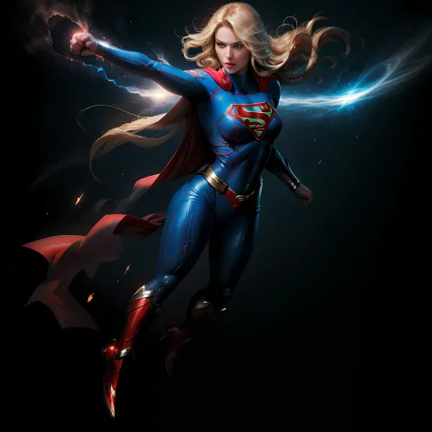 One wears a Superman cape，Clench your hands into fists，Close-up of a woman flying in the air，She's Supergirl, super-hero girl, Proportion of female superheroes, Supergirl，blonde with blue eyes，Huge breasts，photorealestic，Ultra high quality，tmasterpiece，del...
