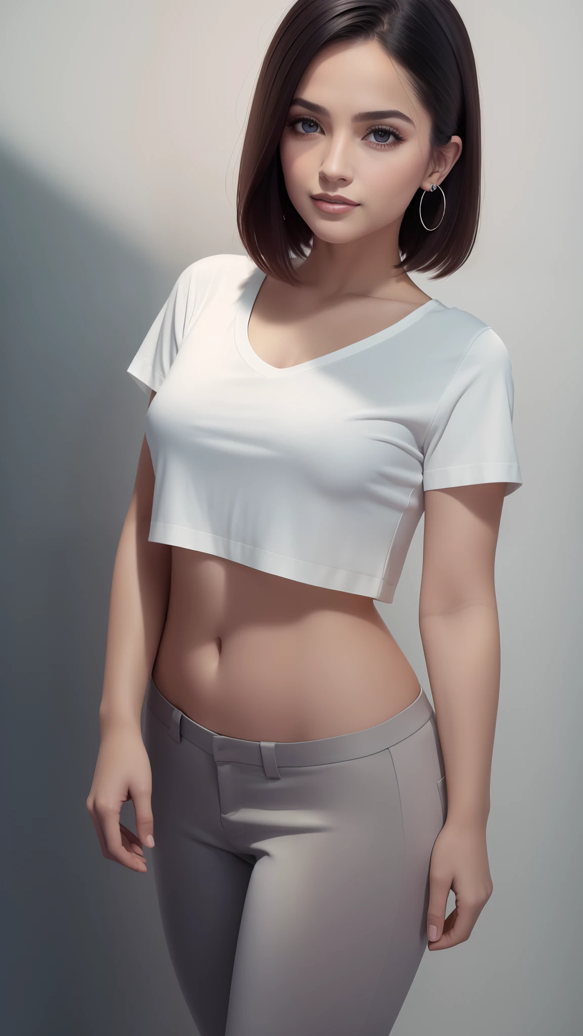 A woman in a white top and grey pants posing for a picture - SeaArt AI