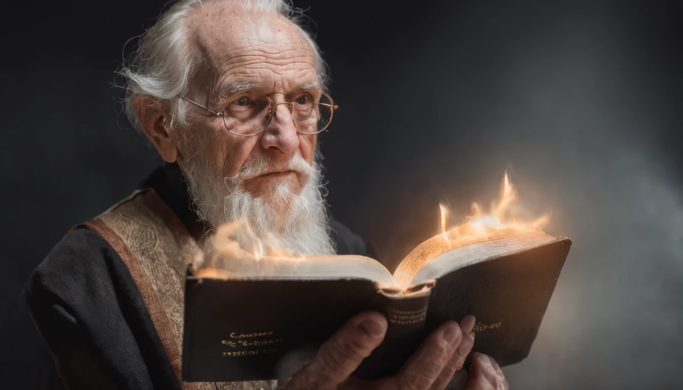 (Bible Times) an old man holding a luminous book in his hands and a demon beside him (Bible Times) Depth of Field, Bokeh, Realism, Photorealistic, Hyperrealism, Professional Photography, 8k UHD , DSLR, HDR , Piece of Master, Best Quality, Grainy Film, Photorealistic Painting, Fujifilm XT3