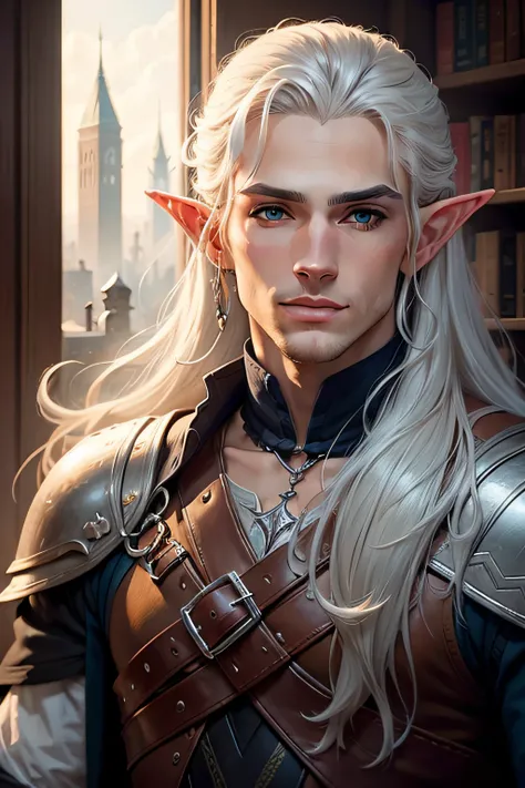 (melhor qualidade, Altas),Bright white-haired young elf man in a silver ...