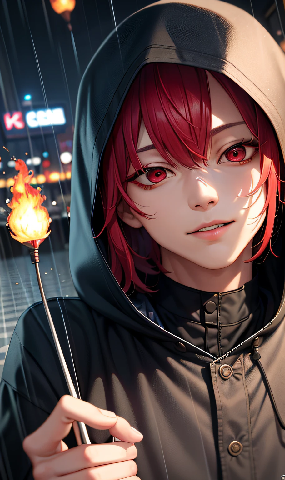 Anime girl with red hair holding a sparkler in the rain - SeaArt AI