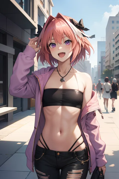 absurdres,masterpiece, best quality, masterpiece, (very detailed sketch:1.1025), best quality, (astolfo fate:1.2155), 1boy, male focus, solo, trap, pink multicolored hair, pink hair, white hair, hair intakes, long hair, purple eyes, crossdressing, bandeau,...