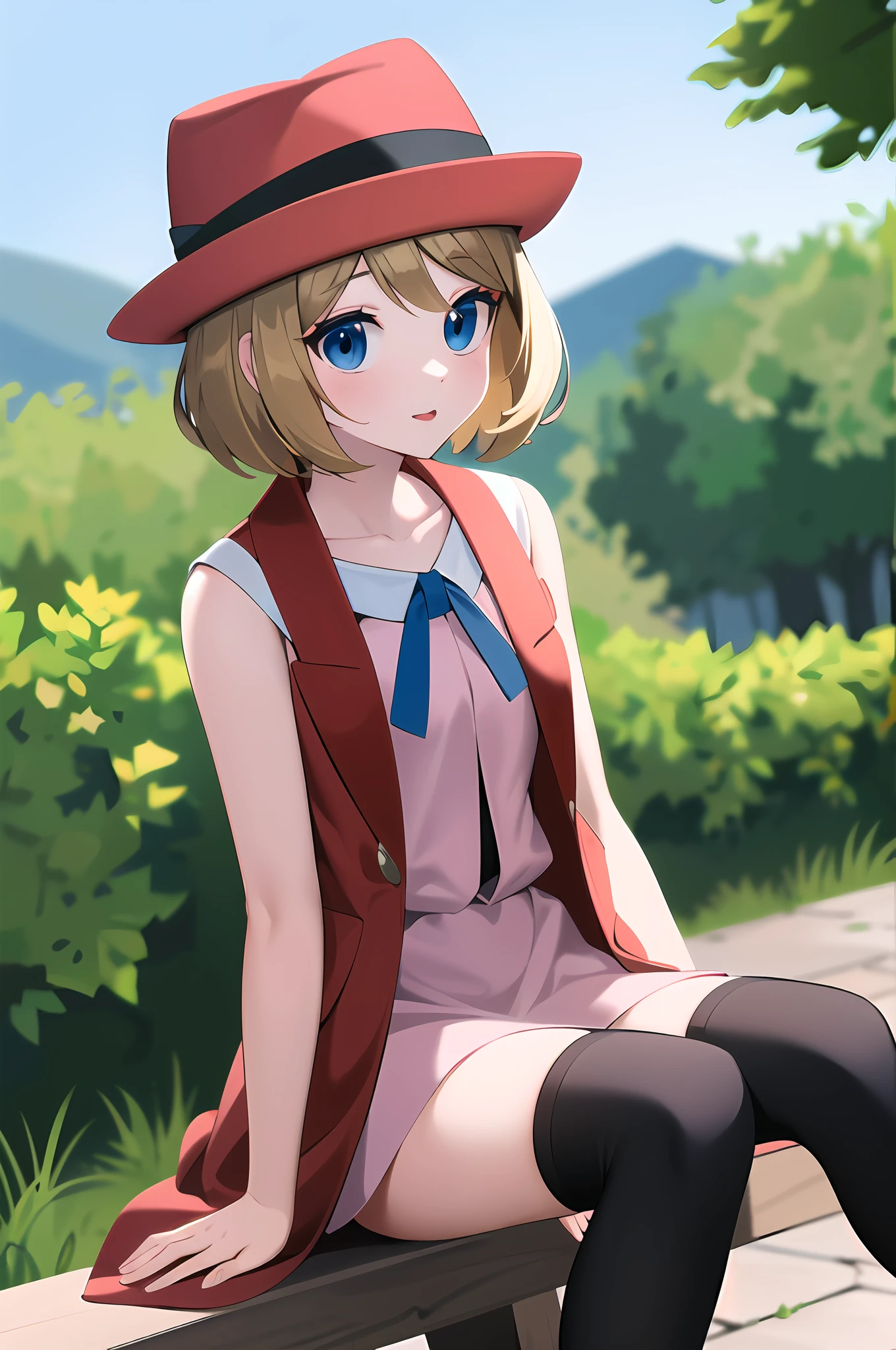 masterpiece, best quality, highres, serena \(pokemon\), short hair, blue eyes, 1girl, solo, blue ribbon, eyelashes, black thighhighs, neck ribbon, sleeveless, bangs, collarbone, bare arms, pink dress, red coat, pink headwear, outdoors, sitting,