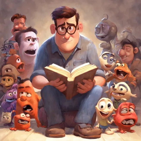 um homem lendo um livro, ::style pixar cartoon