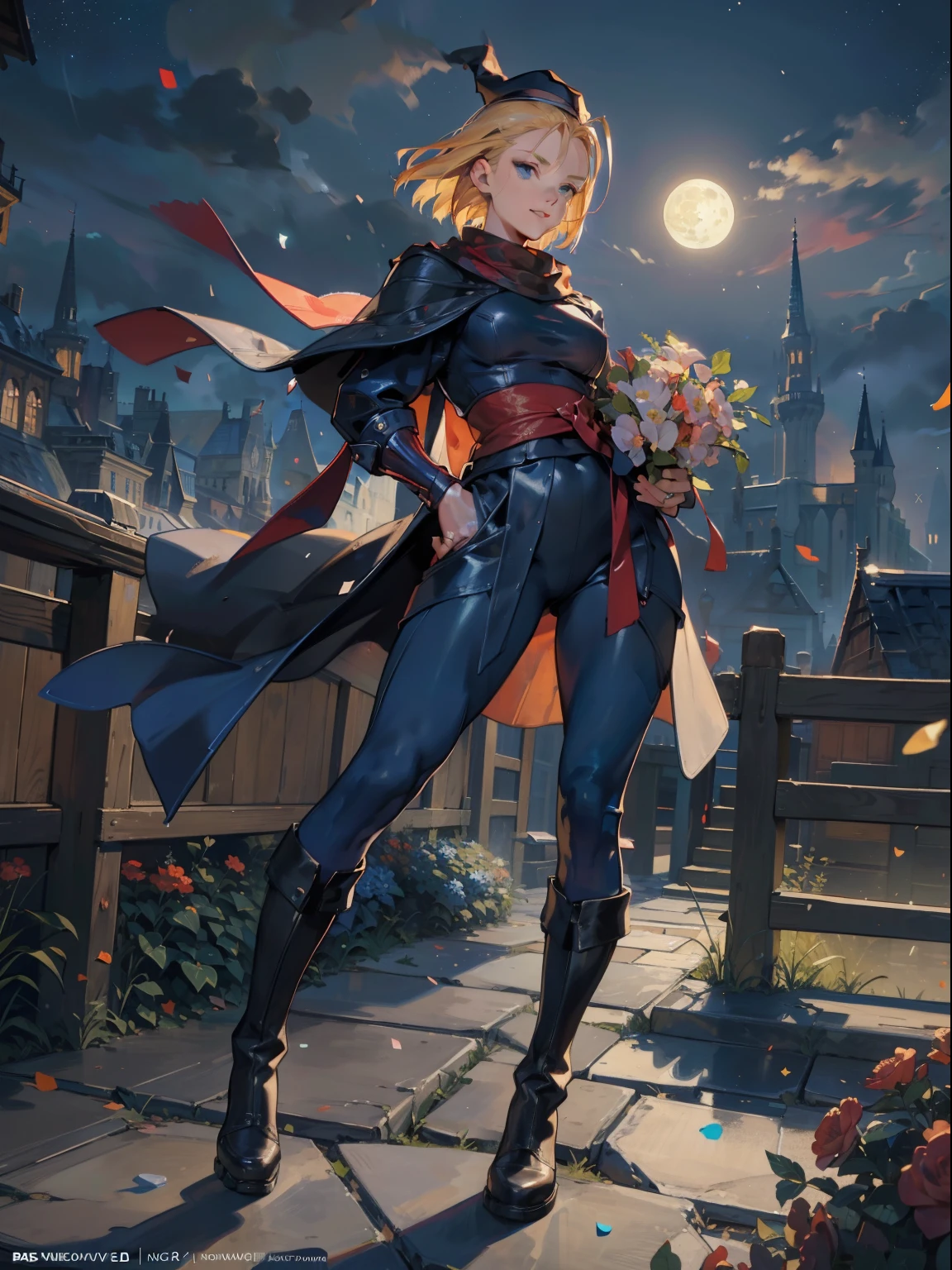 cammy white, short hair, antenna hair, blue eyes,blond hair,,the whole body,oil painting,((post-impressionist)),(face upward:1.2),Post Impressionist,Droplets,well,soft lighting,COOL,Masterpiece, best quality,(super fine illustration:1.2),(masterpiece, 8k), (best quality, high quality:1.4), perfect anatomy, hyper detailed, ultra detailed,perfect design,(hand in pocket,Lots of fireworks, spoken big heart:1.2),(17 years old,small breasts, long sleeves, Witch's black hat, long Witch's blue costume, red scarf:1.2),(light smile, grin,blue eyes, wizard's black costume, Witch's black cloak, long cloak, wizard's black robe, long robe, obi, long scarf blue, black cargo pants, long pants, boots, slender girl),(celebrating, Lots of confetti, lots of confetti,large bouquet of flowers),(Starry sky, full moon,Night cities and castles in the fantasy world of medieval Europe),