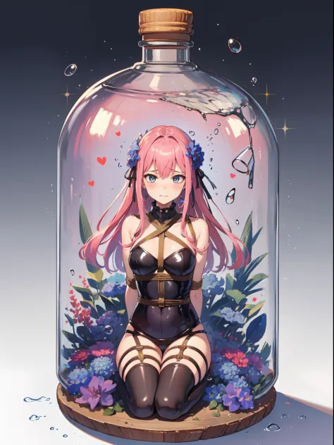 perfect eyes:1.2, detailed eyes:1.4, pineapple, smile, sitting, full body, air bubble, (masterpiece:1.2, best quality), phgls, /bottle, in container, (finely detailed beautiful eyes: 1.2), 1girl, solo, big breasts, tentacles, purple hair, pink hair, two-to...