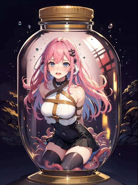 perfect eyes:1.2, detailed eyes:1.4, pineapple, smile, sitting, full body, air bubble, (masterpiece:1.2, best quality), phgls, /bottle, in container, (finely detailed beautiful eyes: 1.2), 1girl, solo, big breasts, tentacles, purple hair, pink hair, two-to...