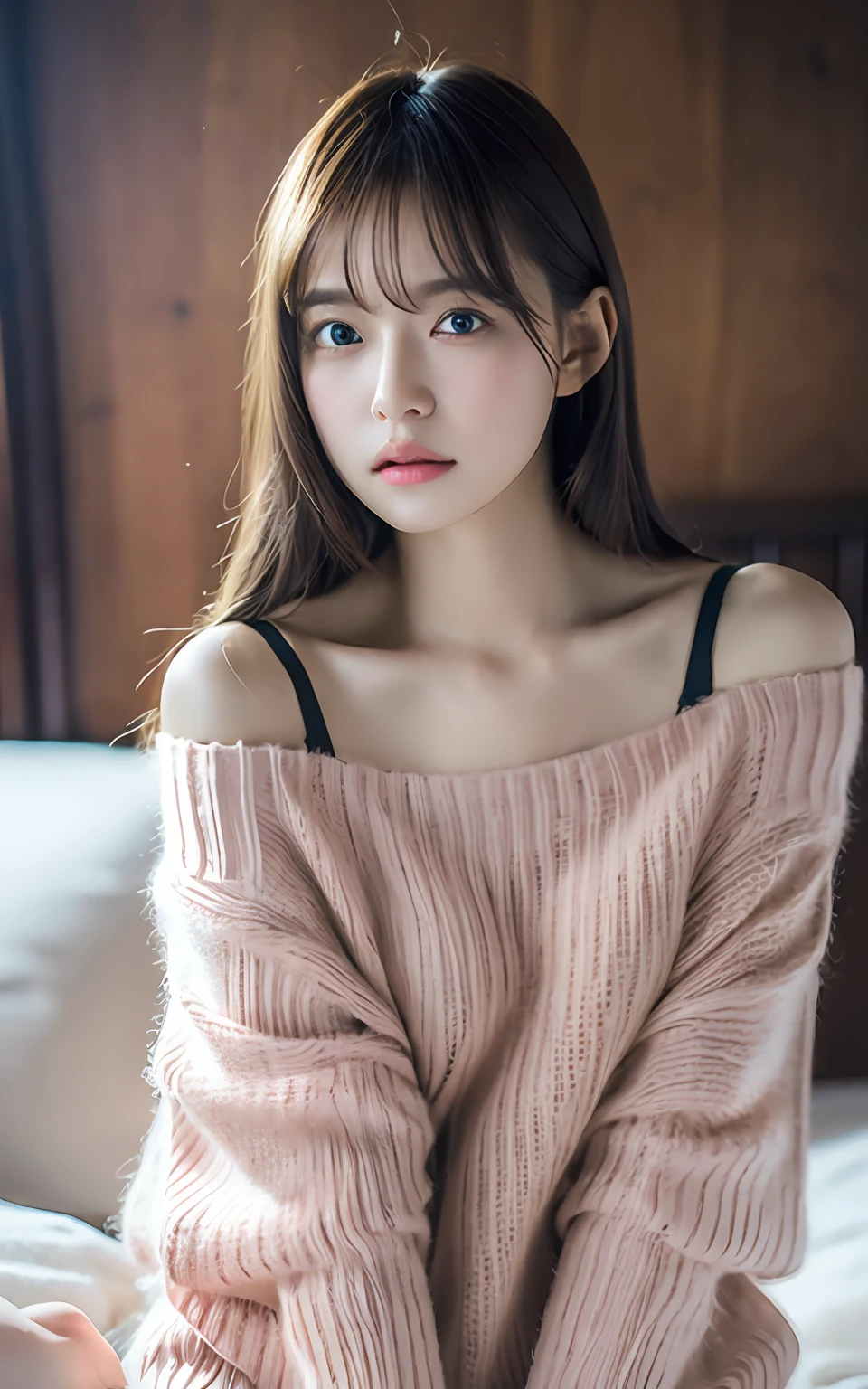 extremely detailed CG unity 8k wallpaper, best quality, ultra-detailed, masterpiece, realistic, photo realistic, extremely detailed cute girl, 25years old, blush, parted lips, dropping eyes, off-shoulder sweater, mini skirt, panty shot, looking at viewer , half body shot  , bed