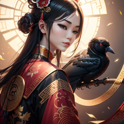 tmasterpiece，A high resolution，8K，absurd res，Complex scenes，Detailed content，CG animation，Chinese mythological background，From the Chinese mythological story Qixi Festival，A flock of black magpies，（Fly in the sky and line up）