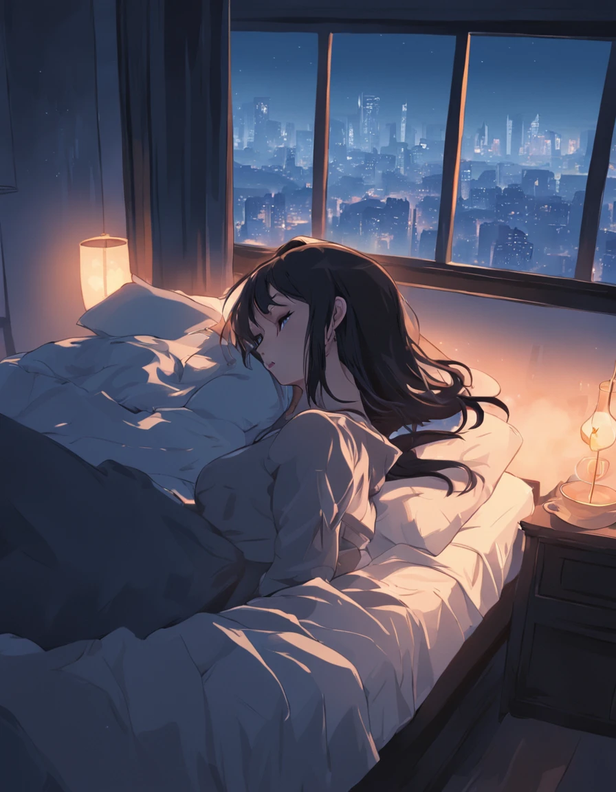 Anime girl laying in bed with city view in background - SeaArt AI