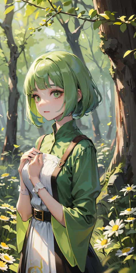 Certainly, Here is the explanation in English: "Adorable young woman with bob hairstyle, Her hair is a moss green shade. She wears a costume inspired by a forest girl, Standing against the background of chamomile meadow. The images are designed in anime pe...
