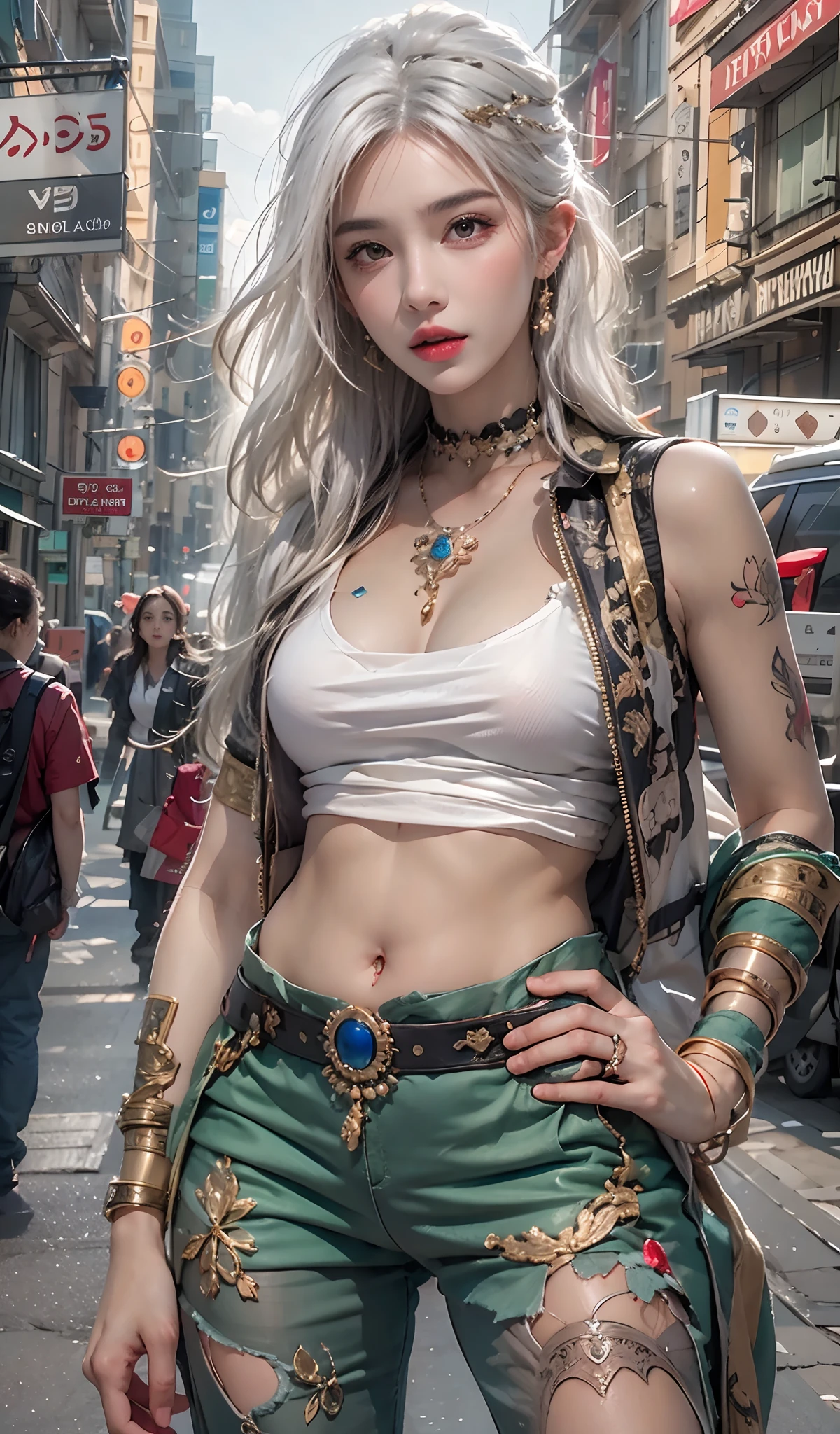 Photorealistic, high resolution, 1womanl, Solo, Hips up, view the viewer, (Detailed face), White hair, Long hair, Street attire, jewelry, Belly tattoo