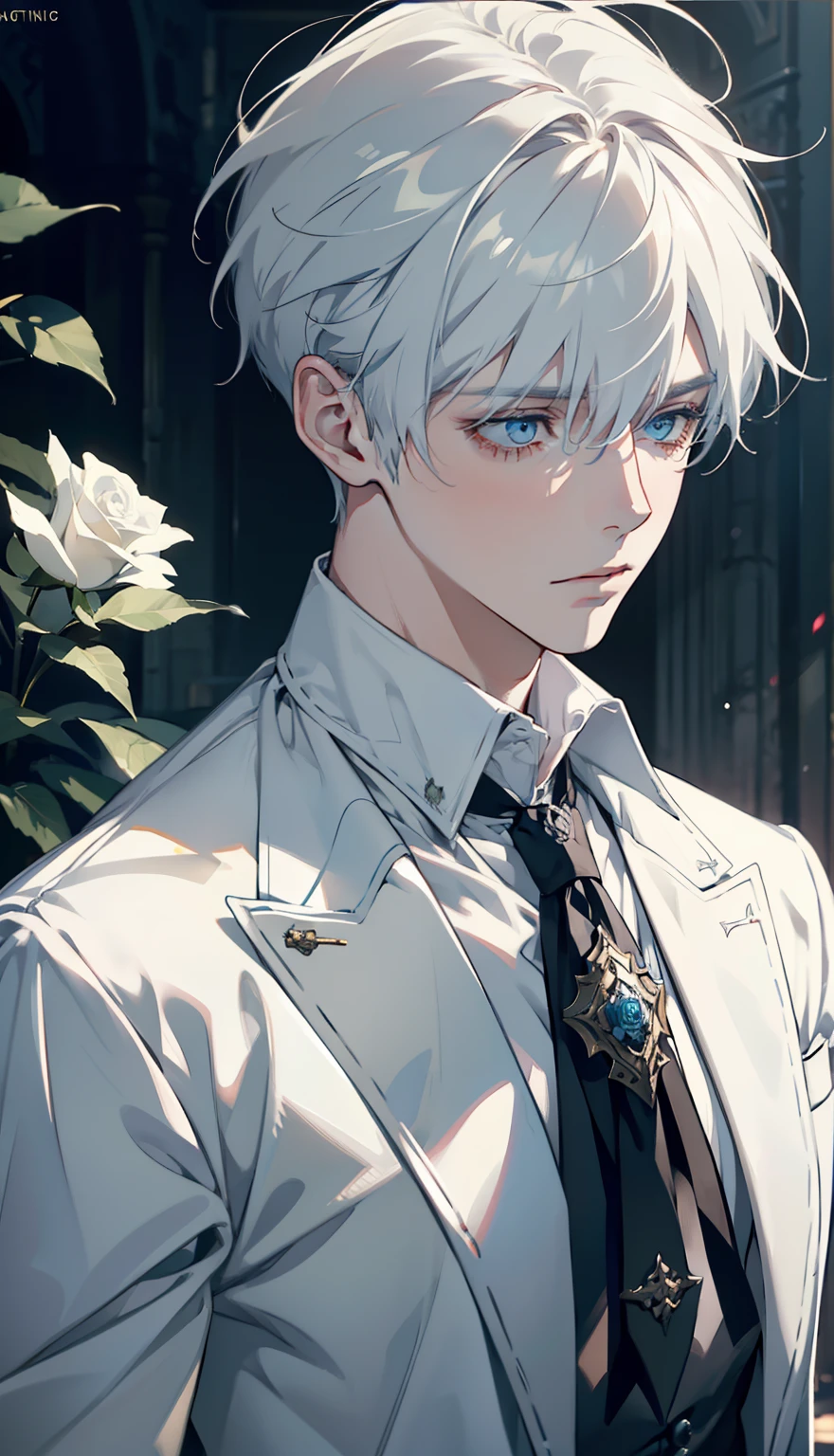 1boy，male，young man，Pale teenager，Rose blanche，white  shirt，bandagens，bloods，Low screen contrast，High brightness，White hair，softlighting，soft focuisterious，romanticism lain, anime big breast, Impressionism, Cinematic lighting, Close-up, hyper HD, Masterpiece, High details，